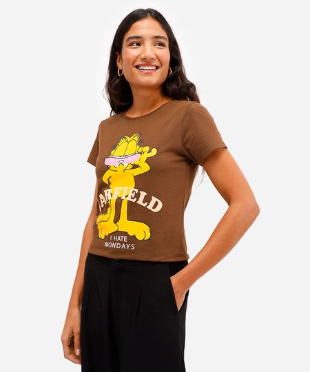 camiseta feminina de algodão manga curta garfield marrom P