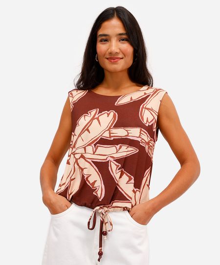 regata feminina de viscose com amarração folhagens marrom PP regata feminina de viscose com amarração folhagens marrom PP