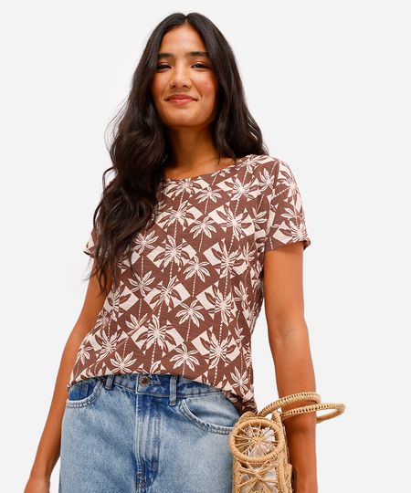 blusa feminina de algodão manga curta folhagens bege G