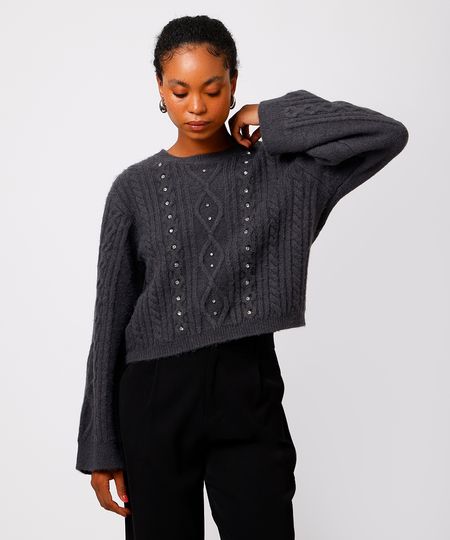 suéter feminino de tricot com brilhos texturizado mindset cinza M suéter feminino de tricot com brilhos texturizado mindset cinza M