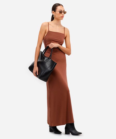 vestido longo feminino franzido alça fina marrom M