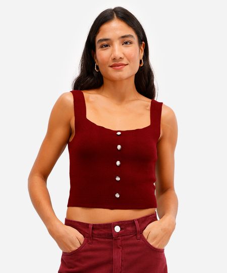 regata feminina de tricot com botões decote quadrado vinho G regata feminina de tricot com botões decote quadrado vinho G