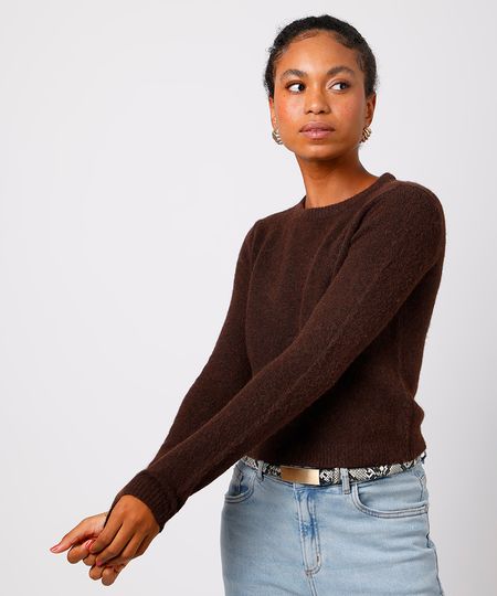 suéter feminino de tricot com lã mindset marrom M