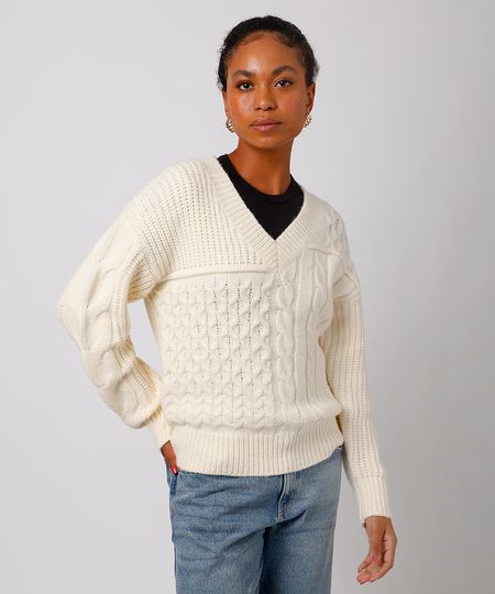 suéter feminino de tricot decote v texturizado mindset off white P suéter feminino de tricot decote v texturizado mindset off white P