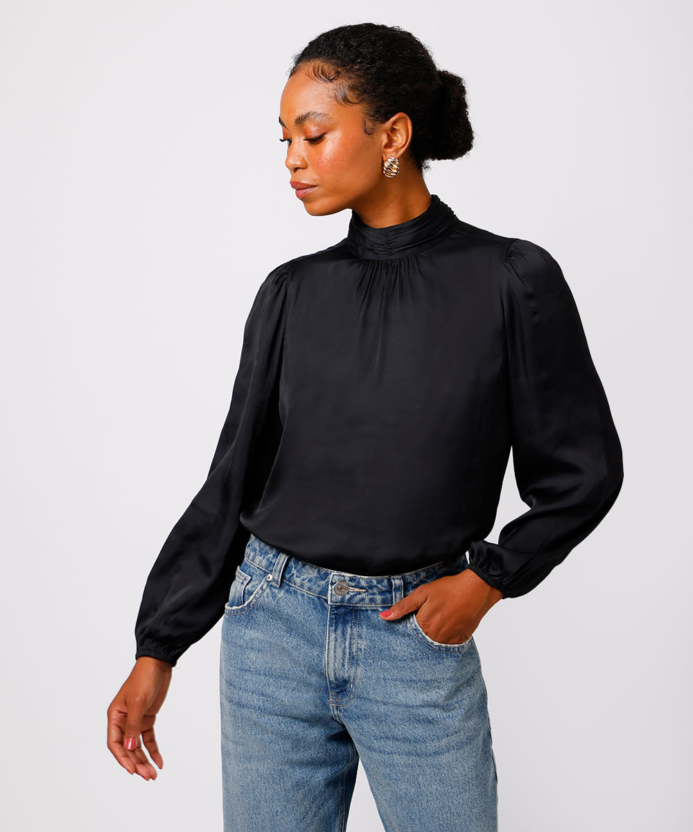 blusa feminina acetinada gola alta franzida mindset preta