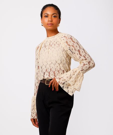 blusa feminina de renda floral mindset bege M