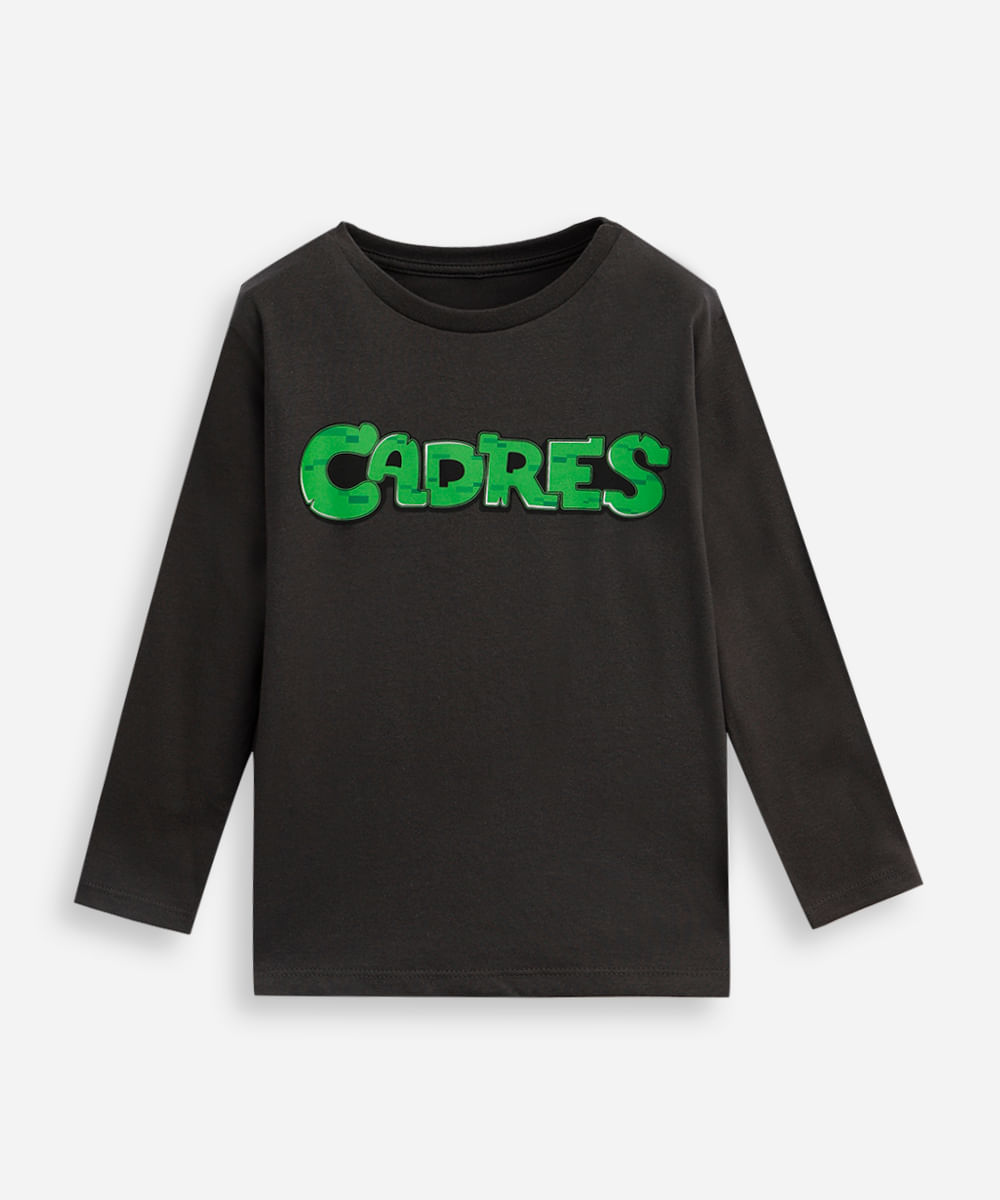camiseta infantil de algodão cadres minecraft manga longa cinza