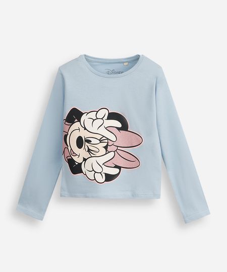 blusa infantil de algodão manga longa minnie com glitter azul 3