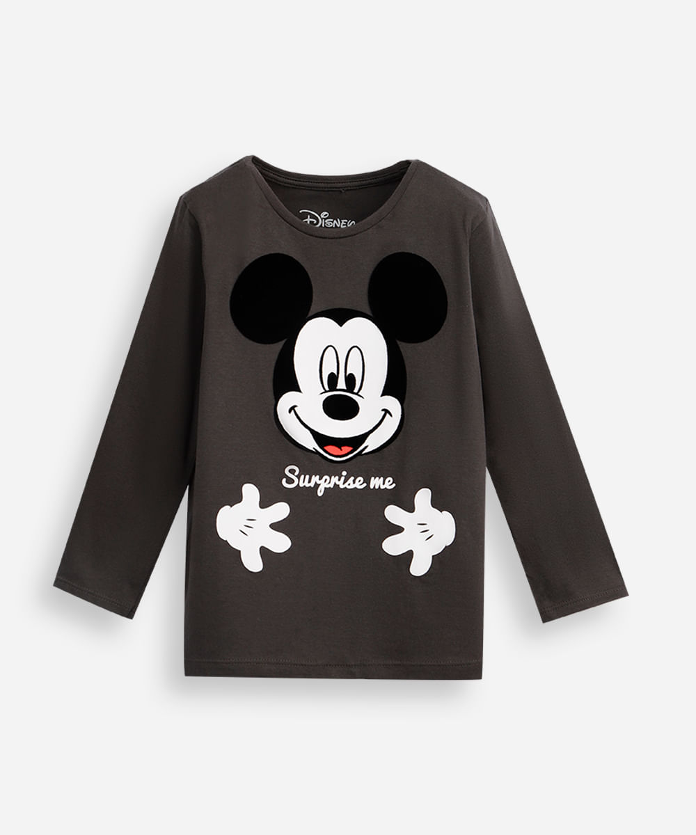 camiseta infantil de algodão mickey texturizada manga longa cinza