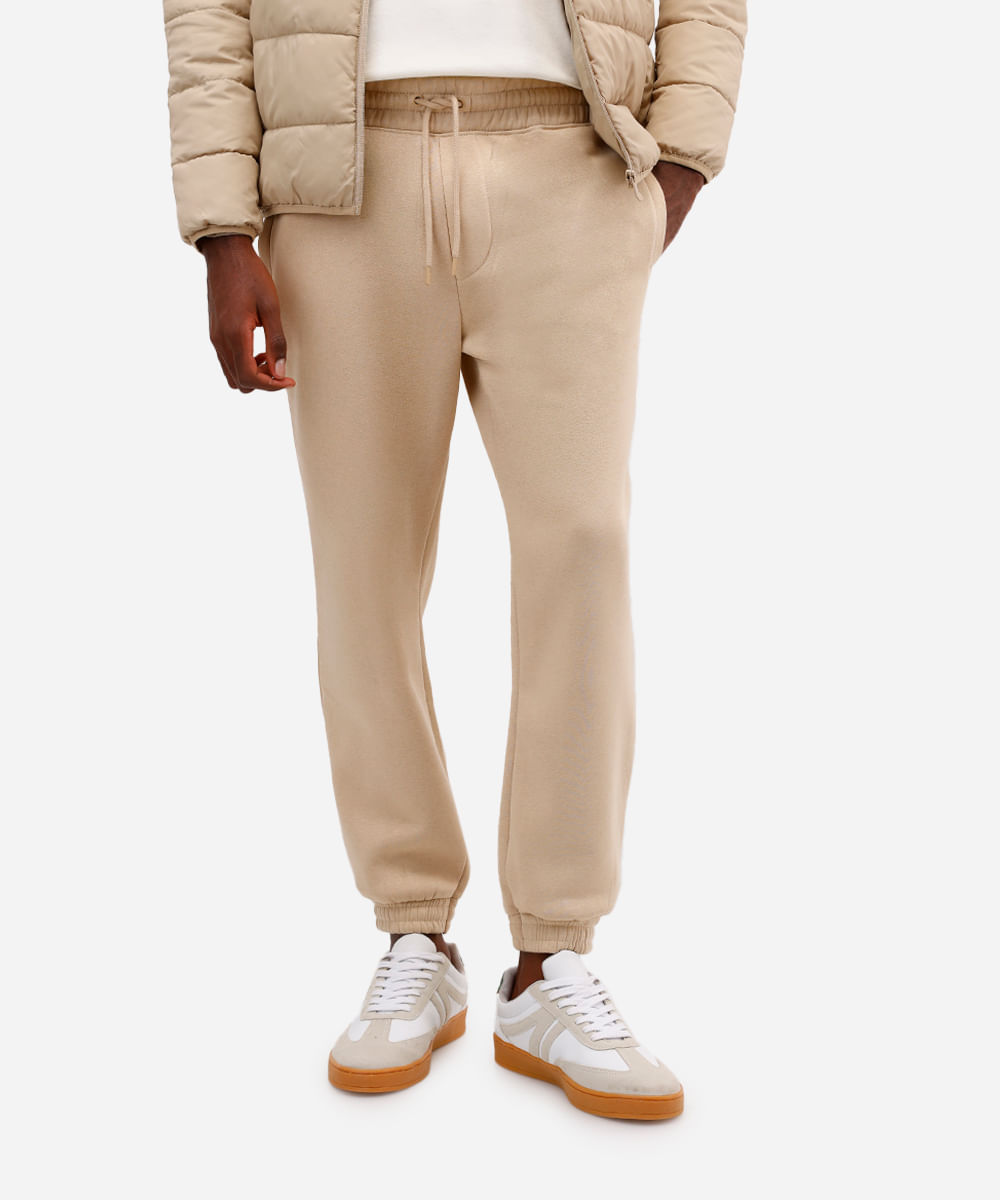 calça básica jogger masculina de moletom felpado bege