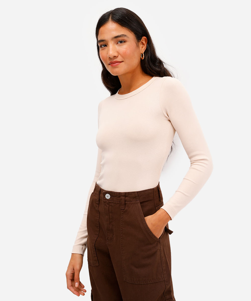 blusa feminina de algodão manga longa canelada bege