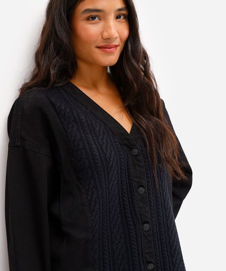 jaqueta jeans feminina com recorte em tricot preta M jaqueta jeans feminina com recorte em tricot preta M