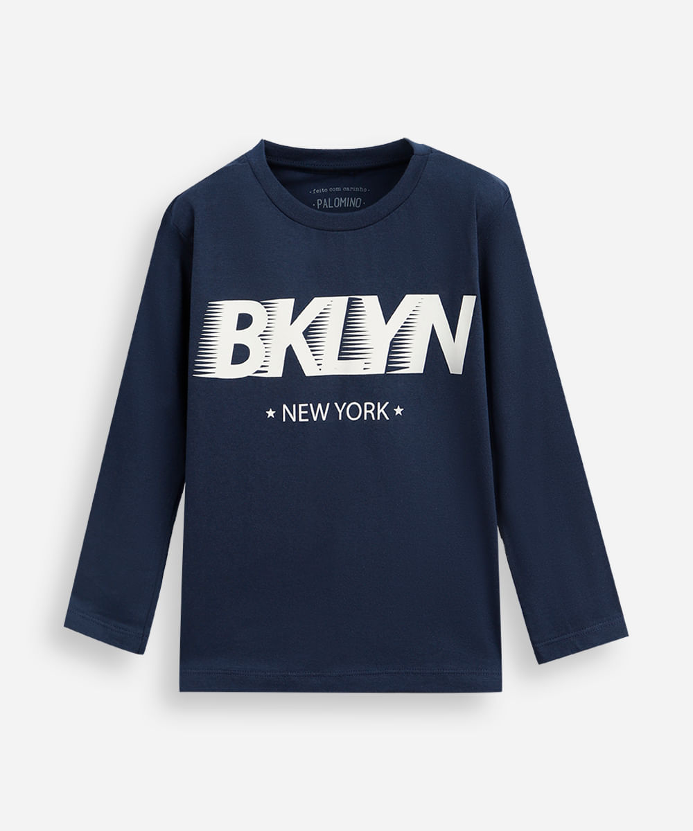 camiseta infantil de algodão manga longa estampada azul