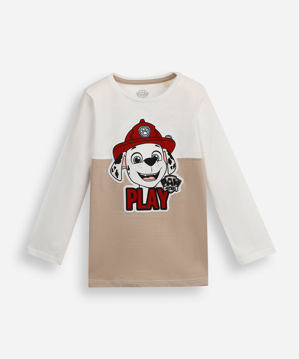 camiseta infantil de algodão com recorte patrulha canina bege