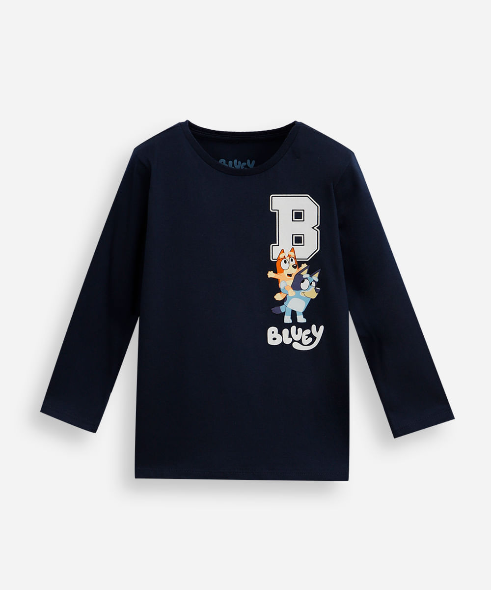 camiseta infantil de algodão manga longa bluey azul