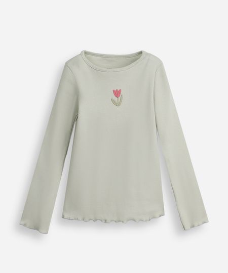 blusa infantil de algodão manga longa com bordado canelada verde 1 blusa infantil de algodão manga longa com bordado canelada verde 1