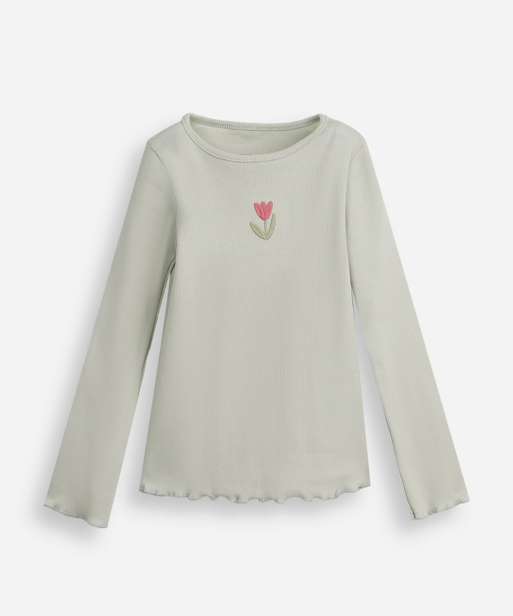 blusa infantil de algodão manga longa com bordado canelada verde