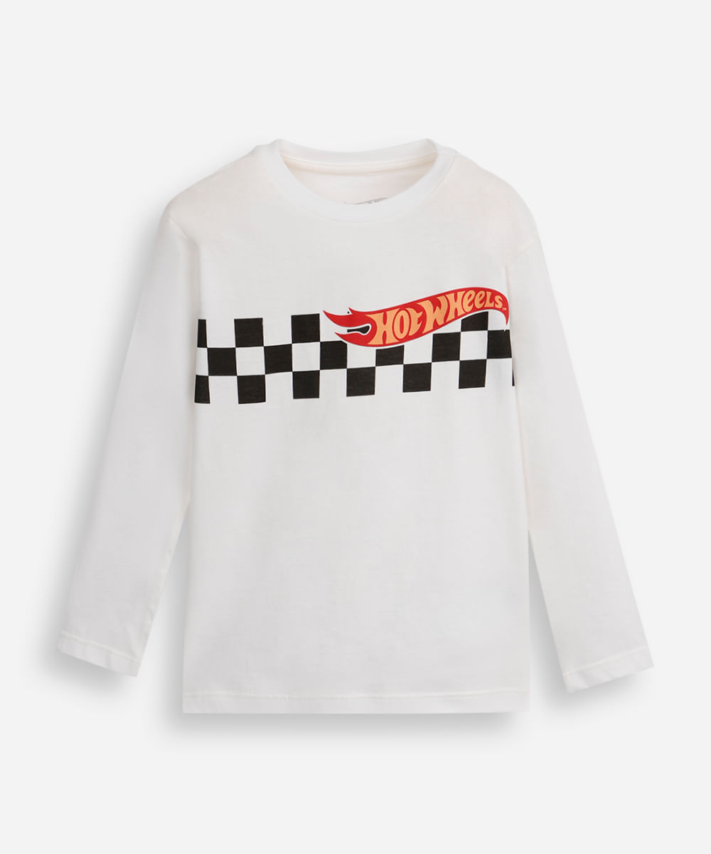 camiseta infantil de algodão manga longa hot wheels off white