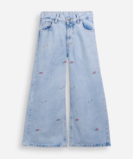 calça wide leg infantil jeans floral azul 12
