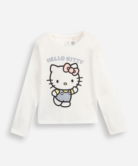 blusa infantil de algodão manga longa hello kitty com glitter off white 1