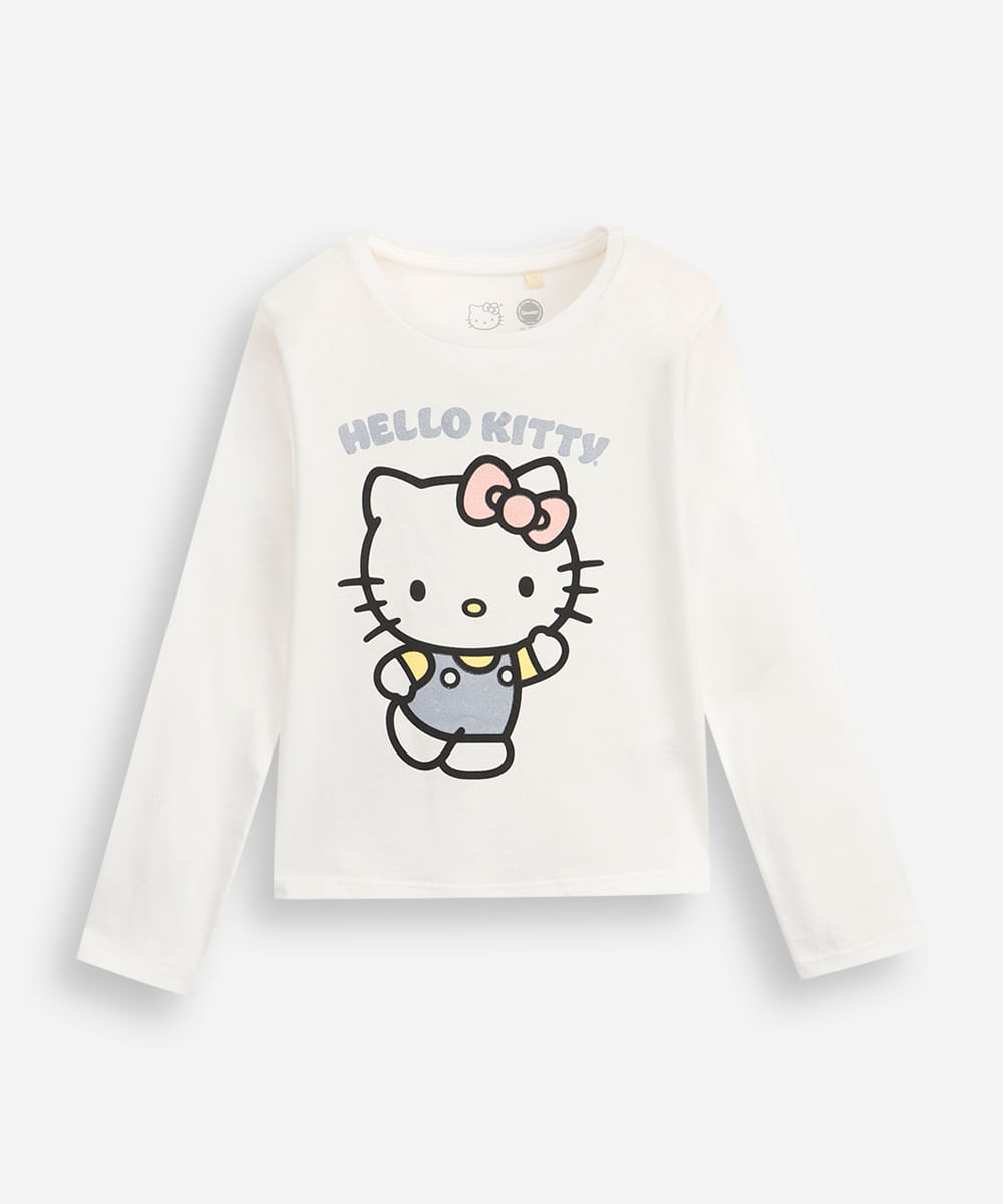 blusa infantil de algodão manga longa hello kitty com glitter off white