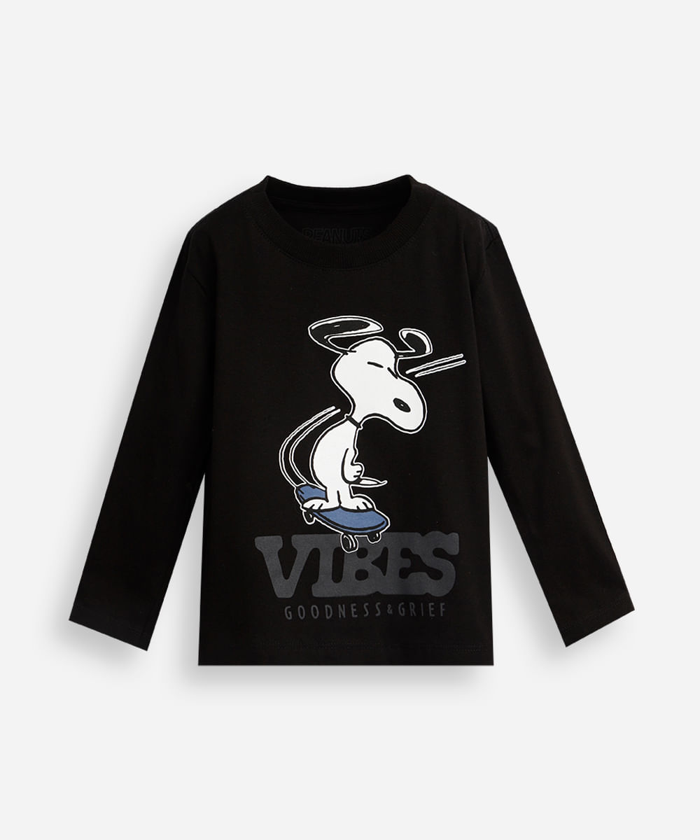 camiseta infantil de algodão manga longa snoopy preta