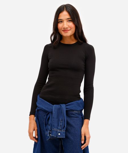 blusa feminina de algodão manga longa canelada preta P