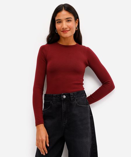 blusa feminina de algodão manga longa canelada vinho PP blusa feminina de algodão manga longa canelada vinho PP