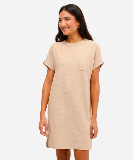 vestido curto básico flamê manga curta - areia M vestido curto básico flamê manga curta - areia M