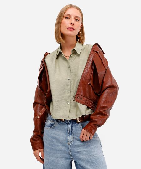 camisa feminina de viscose manga curta texturizada verde GG