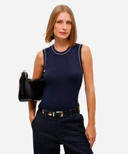 regata feminina de tricot decote redondo azul P