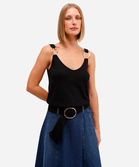 regata feminina de tricot decote v preta P
