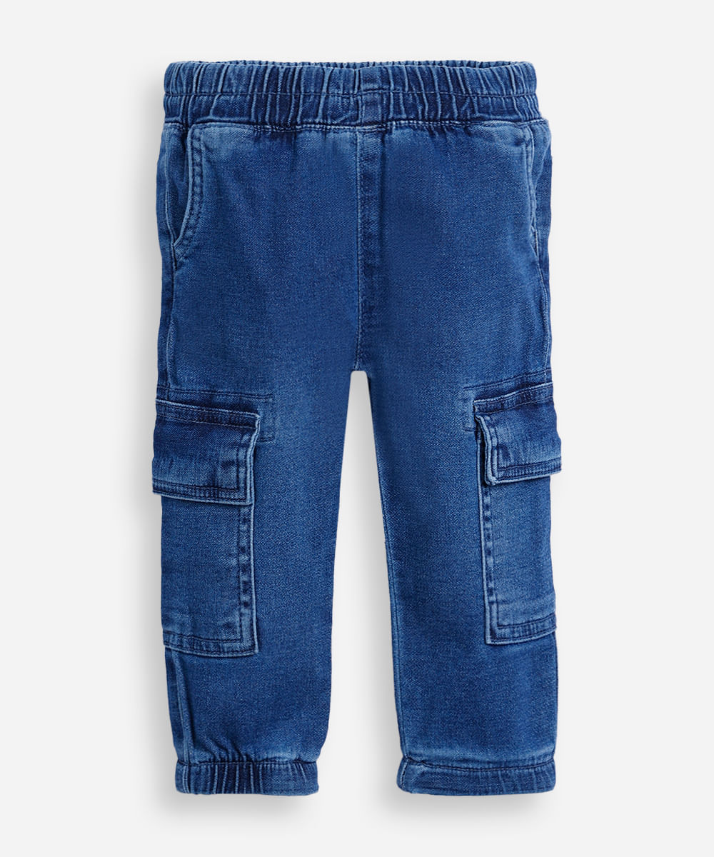 calça jeans cargo infantil com elástico azul