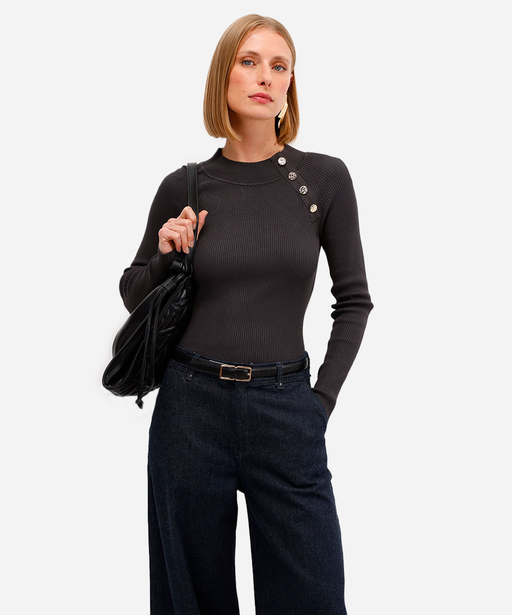 suéter feminino de tricot canelado cinza