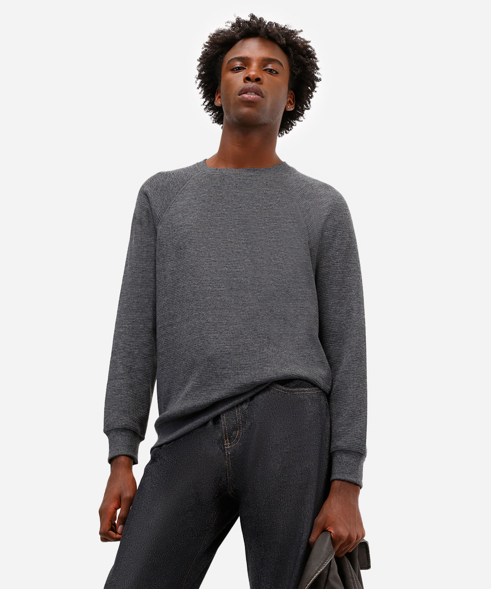 suéter básico masculino manga longa texturizado cinza