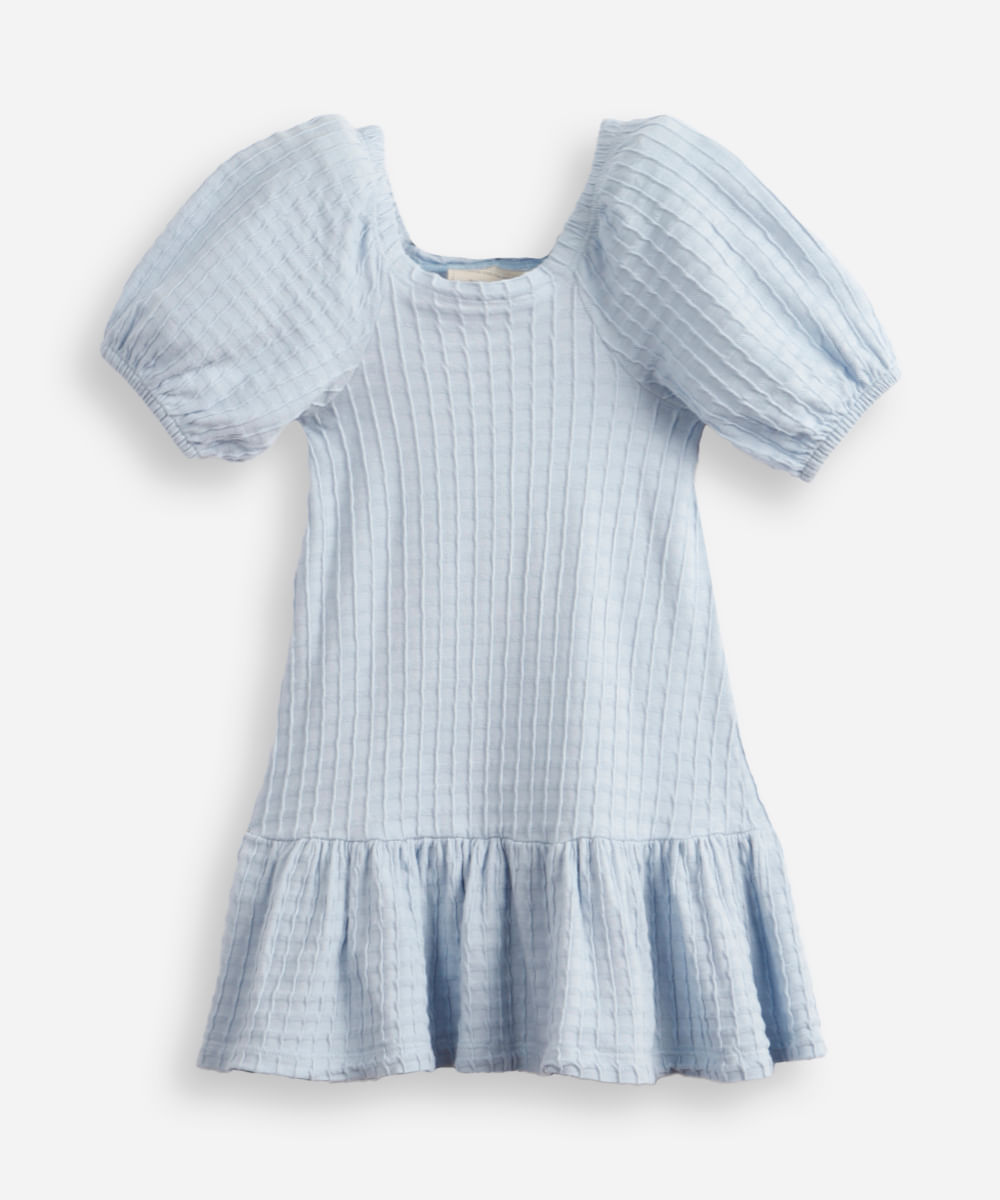 vestido de algodão infantil manga bufante texturizado azul
