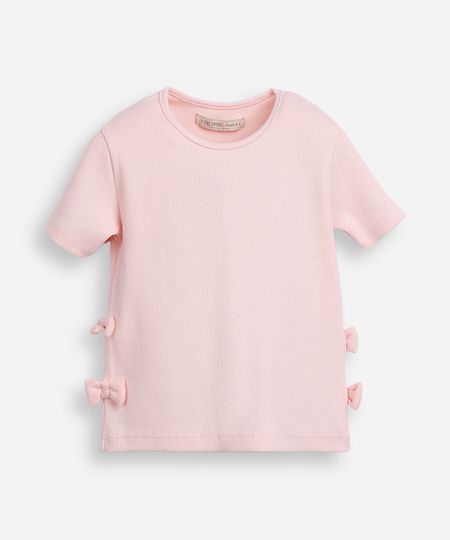 blusa infantil de algodão manga curta com laços canelada rosa 6