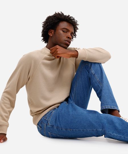 suéter básico masculino manga longa texturizado bege G suéter básico masculino manga longa texturizado bege G