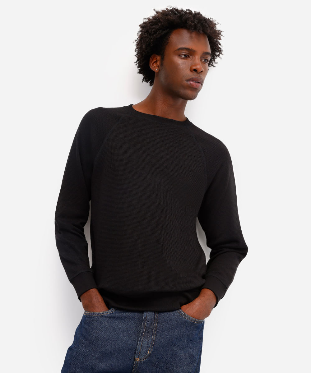 suéter básico masculino manga longa texturizado preto