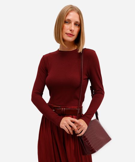 blusa feminina de viscose manga longa canelada vinho PP blusa feminina de viscose manga longa canelada vinho PP