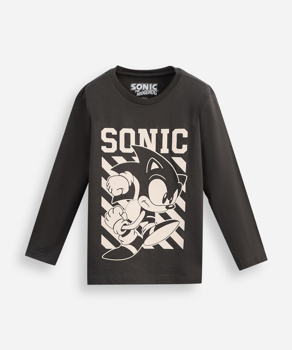 blusa de algodão infantil manga longa sonic cinza