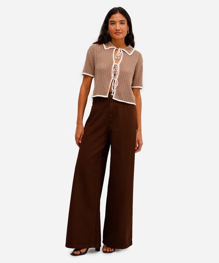 calça wide leg feminina de sarja marrom 48