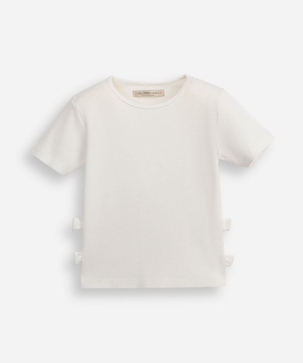 blusa infantil de algodão manga curta com laços canelada off white 8