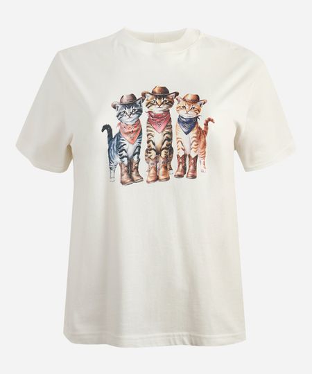 camiseta feminina de algodão gatinhos western mindset plus size off white GG2