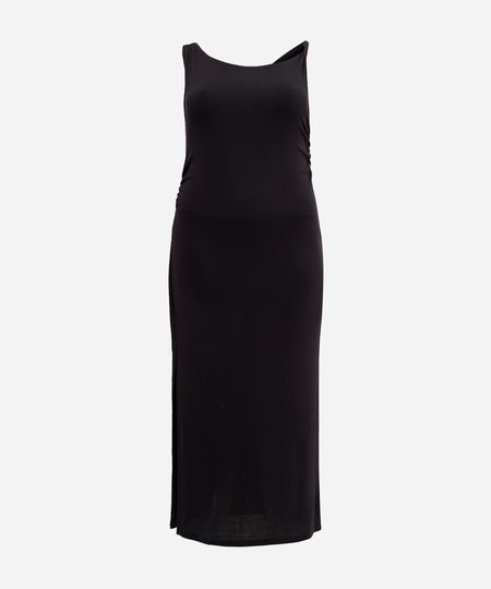 vestido longo de viscose franzido com fenda mindset plus size preto GG1