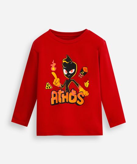 camiseta infantil de algodão athos minecraft manga longa vermelha 6