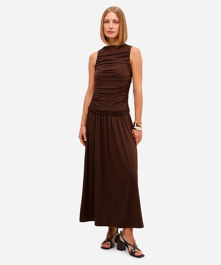 vestido midi feminino franzido marrom GG