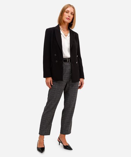 calça reta feminina de alfaiataria cós elástico xadrez cinza 36 calça reta feminina de alfaiataria cós elástico xadrez cinza 36