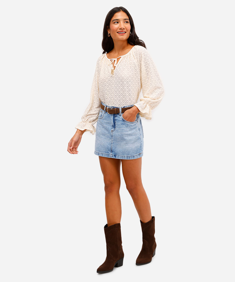 minissaia feminina jeans cintura alta azul