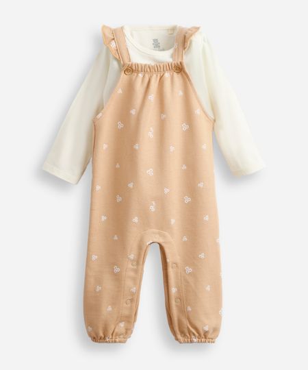 jardineira longa infantil de moletom com body floral bege 3-6
